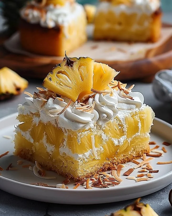 Delicious Pineapple Coconut Cake with creamy frosting and tropical toppings