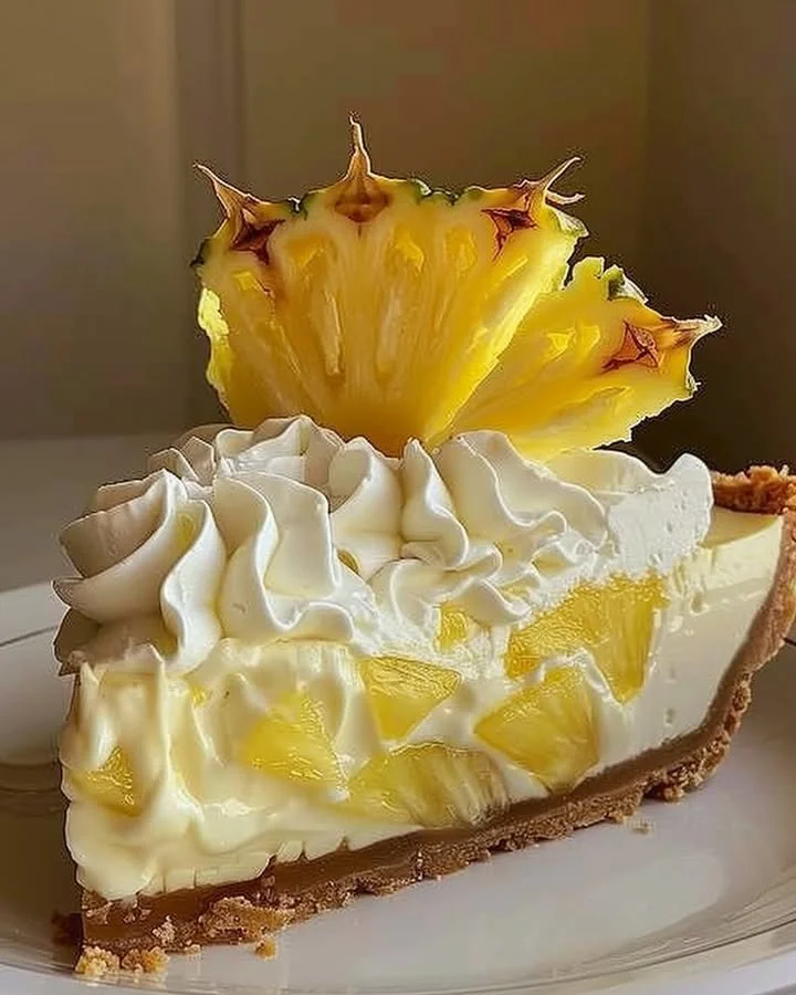 Delicious slice of Pineapple Cream Cheese Pie topped with pineapple chunks.