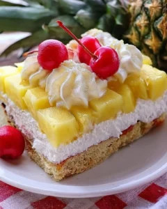 Slice of delicious Pineapple Heaven Cake with fresh pineapple and icing.