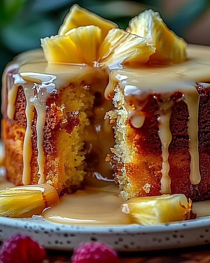 Delicious Pineapple Heaven Cake topped with cream and fresh pineapple slices