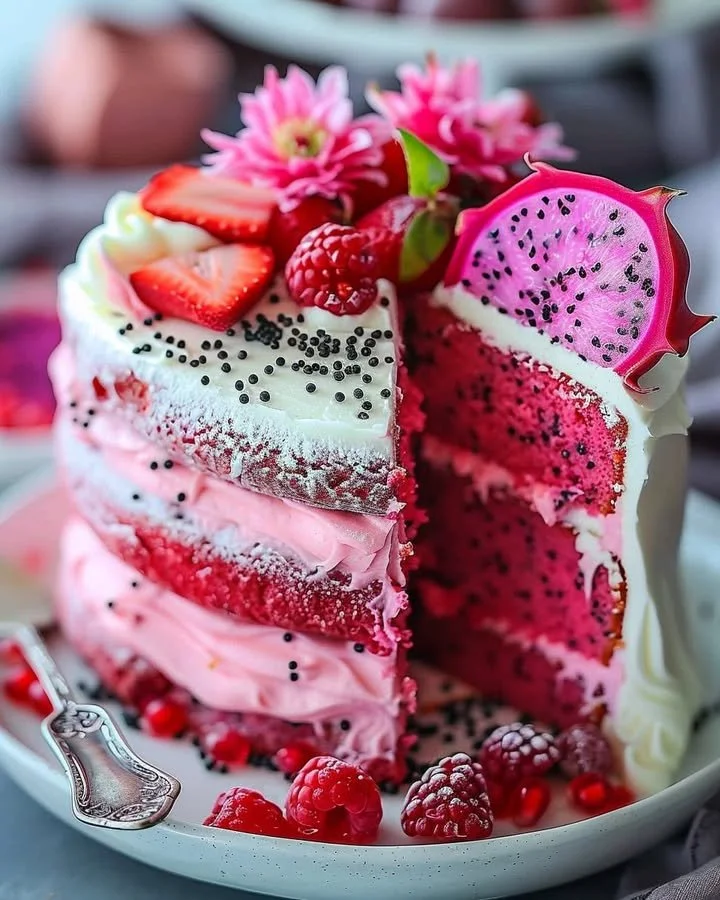 Pink dragon fruit layer cake with vibrant color and decorative layers