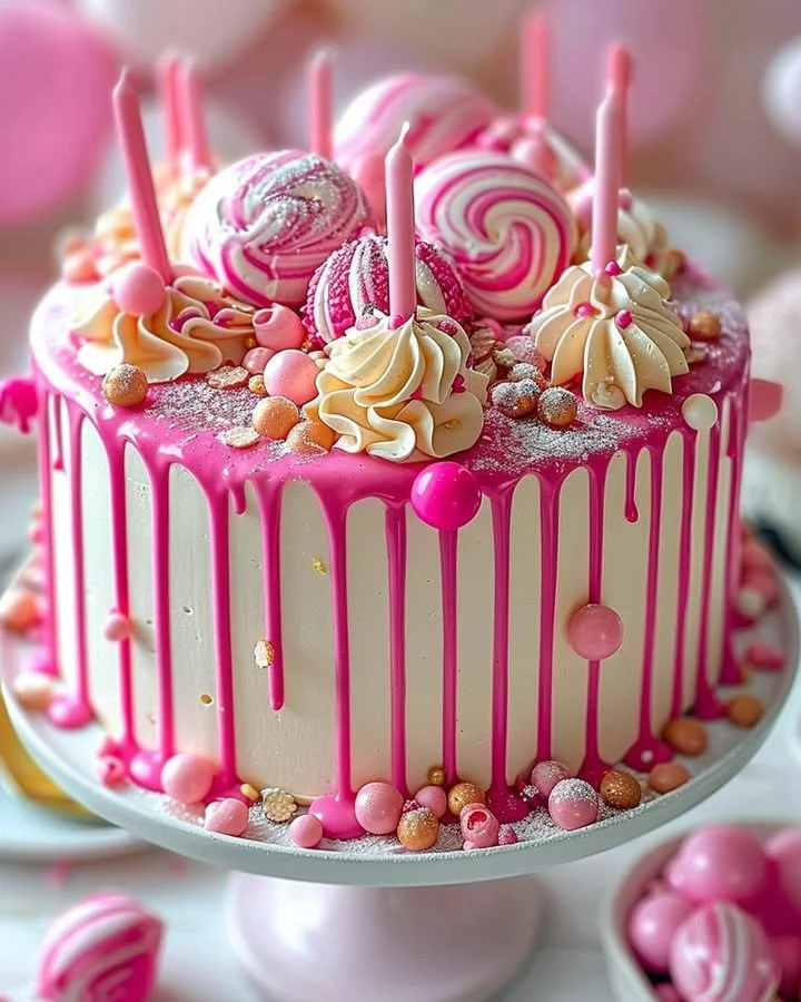 Beautifully crafted Pink Drip Cake with pink chocolate drips and elegant decorations.