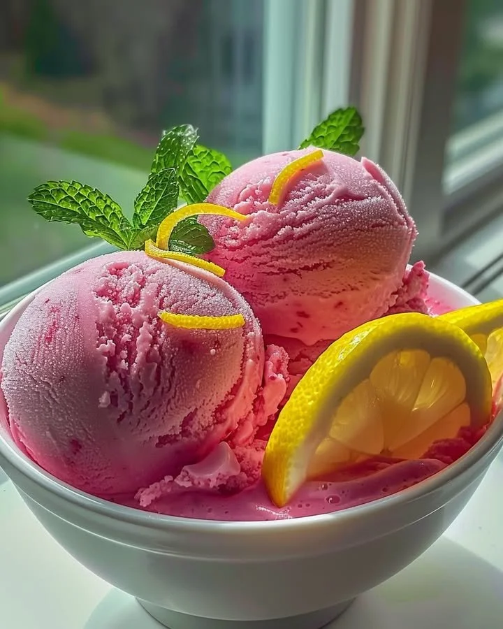 Delicious pink lemonade sorbet in a bowl, garnished with lemon slices