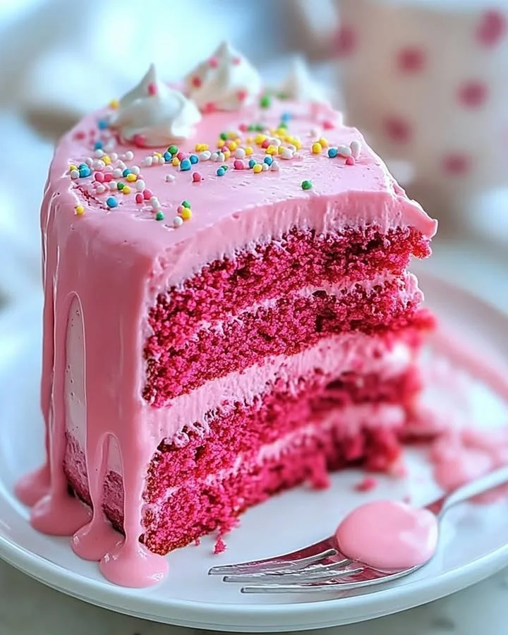 Delicious Pink Velvet Cake topped with creamy frosting and decorative sprinkles