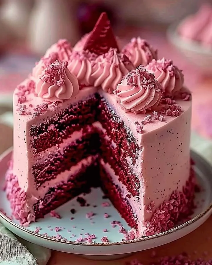 Delicious Pink Velvet Cake topped with cream cheese frosting and pink sprinkles.