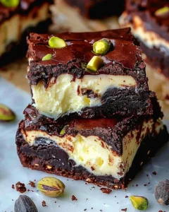 Delicious Pistachio Cheesecake Brownies topped with crushed pistachios