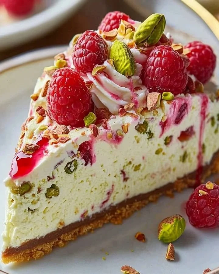 Pistachio Raspberry Cheesecake topped with fresh raspberries and chopped pistachios