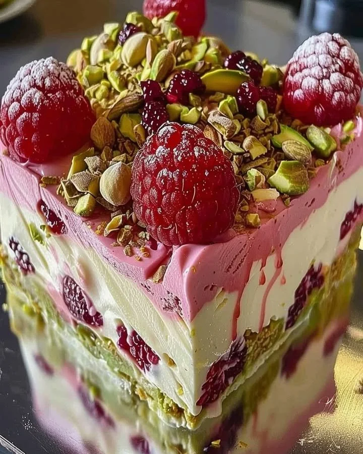 Slice of Pistachio Raspberry Cheesecake garnished with raspberries and pistachios