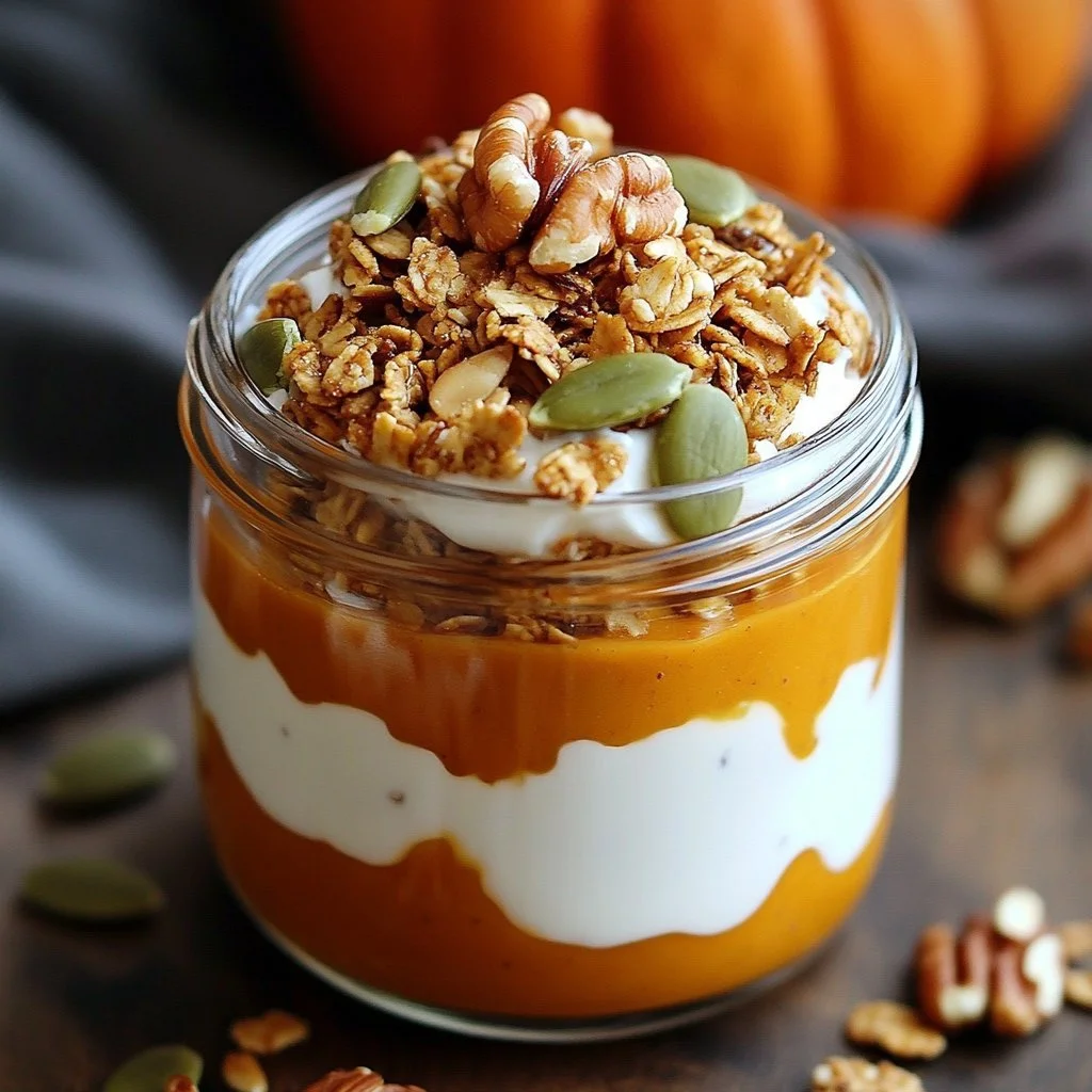 Delicious pumpkin overnight oats topped with spices and nuts in a jar