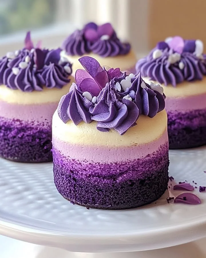 Purple ombre mini cakes decorated beautifully for a festive occasion