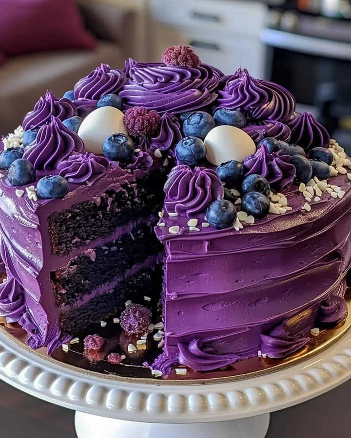 Slice of purple velvet cake topped with cream cheese frosting