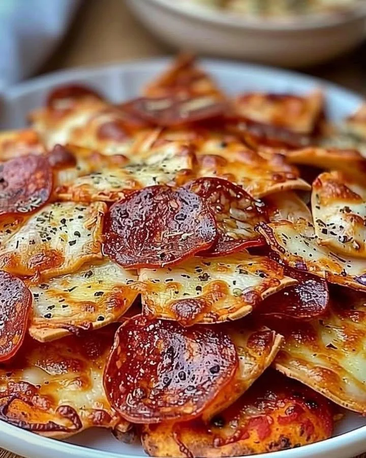 Easy 2-ingredient pizza chips recipe freshly made and served in a bowl