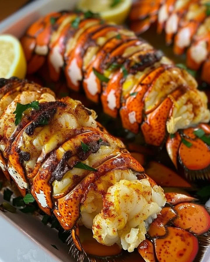Plate of quick gourmet lobster tails served with lemon and herbs