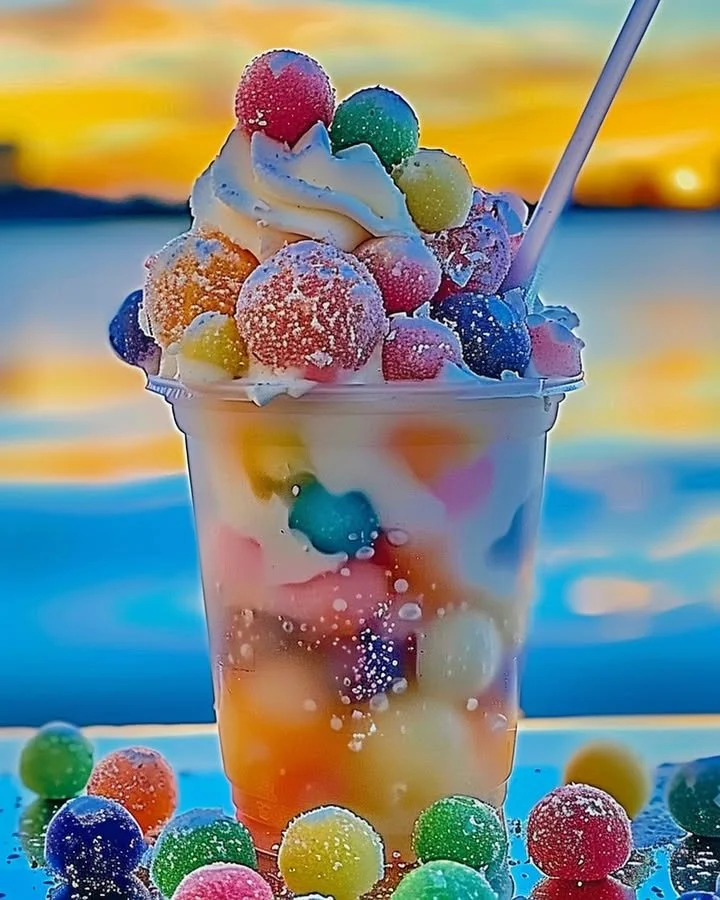 Delicious Rainbow Sherbet Float with colorful layers and ice cream on top