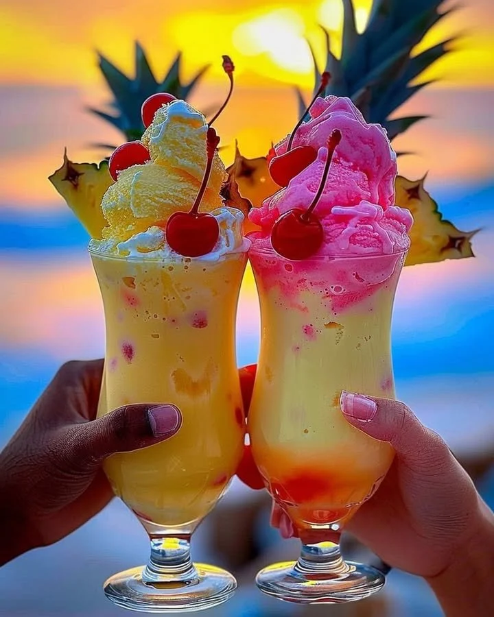 Colorful Rainbow Sherbet Piña Colada in a tropical glass