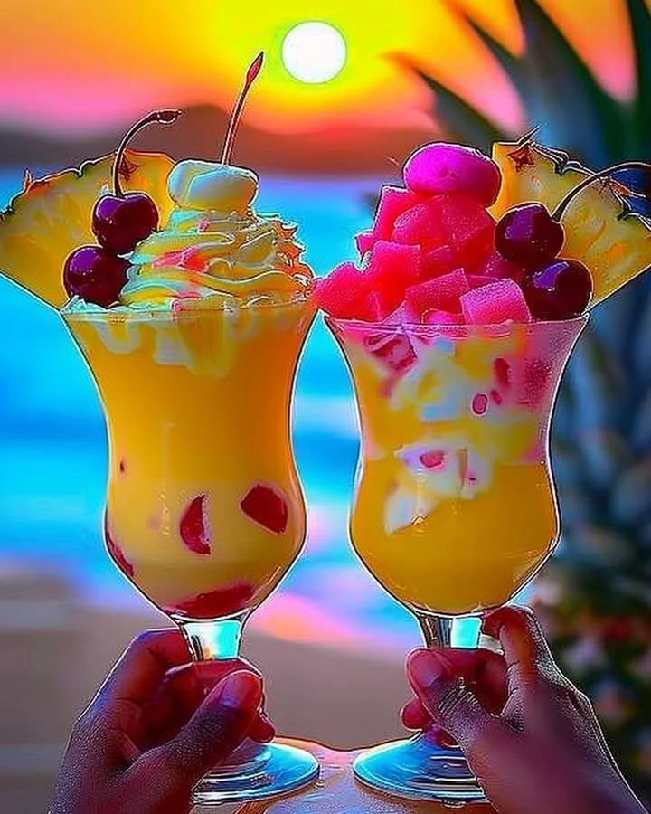 Colorful Rainbow Sherbet Piña Colada served in a festive glass