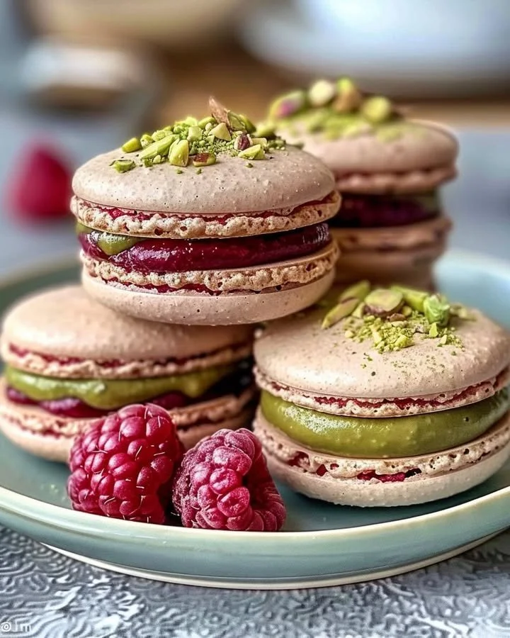 Raspberry Pistachio Macarons on a decorative plate