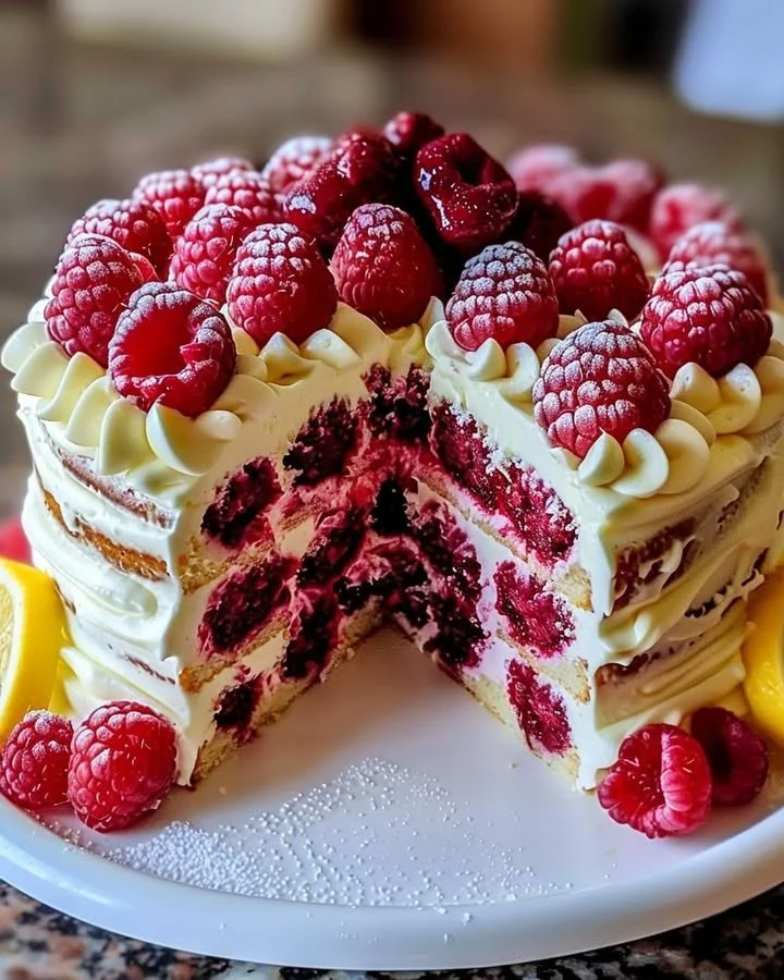 Raspberry Cake with Lemon Buttercream beautifully decorated with fresh raspberries