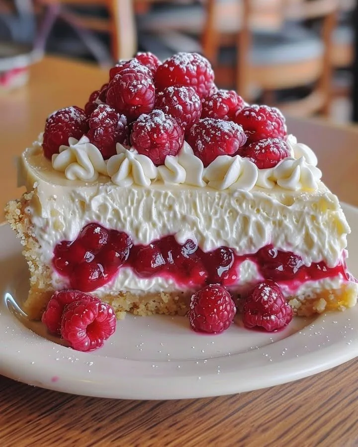 Delicious Raspberry Cheesecake Pie topped with fresh raspberries