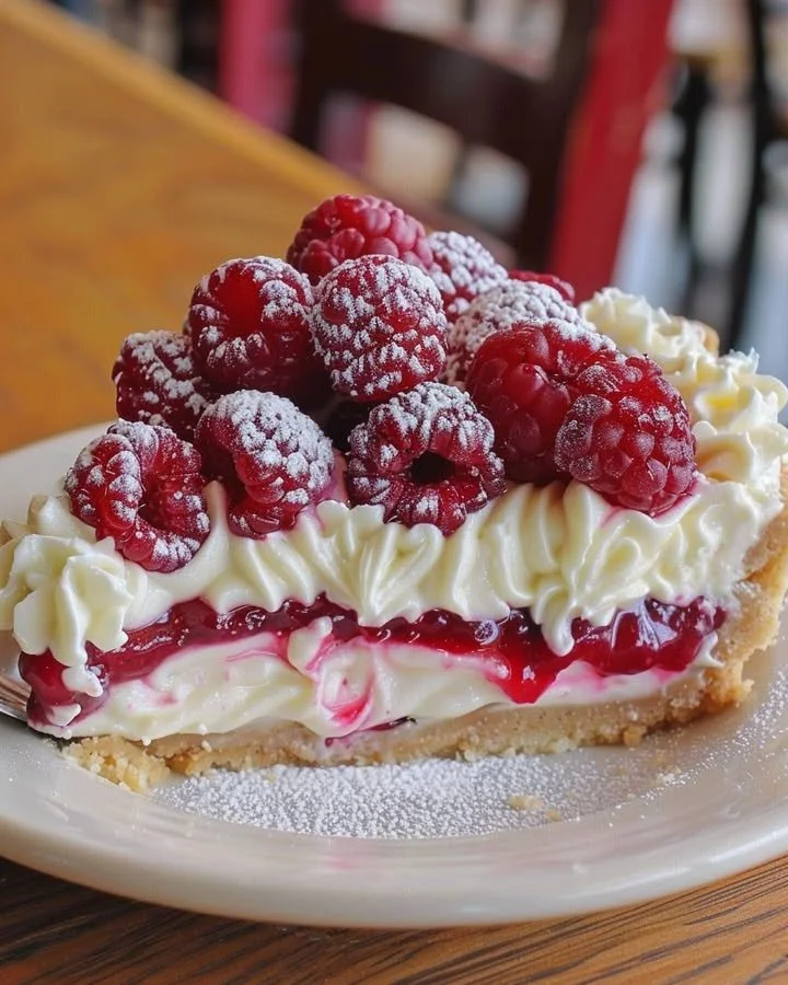 Delicious Raspberry Cheesecake Pie topped with fresh raspberries