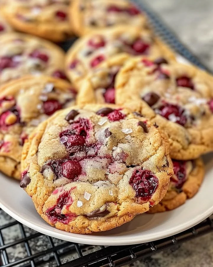 Freshly baked Raspberry Chocolate Chip Cookies on a cooling rack