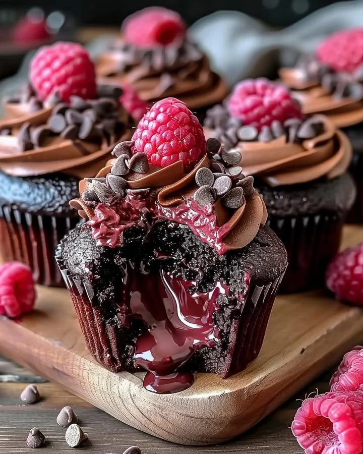 Delicious Raspberry Chocolate Lava Cupcakes with gooey chocolate filling