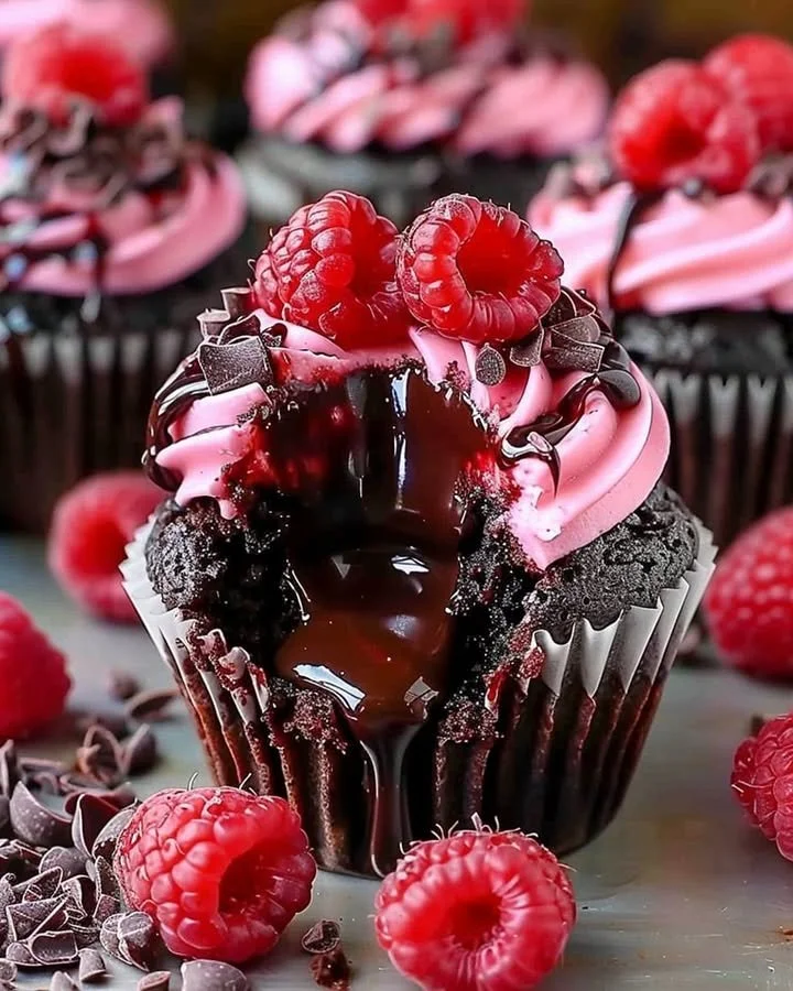 Raspberry Chocolate Lava Cupcakes with oozy chocolate center and raspberry topping