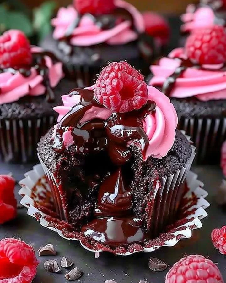 Raspberry Chocolate Lava Cupcake drizzled with raspberry sauce