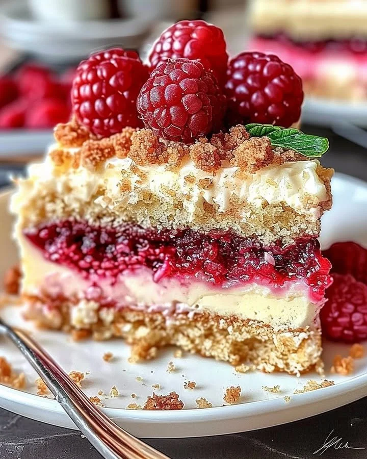 Deliciously baked Raspberry Cream Cheese Coffee Cake with fresh raspberries on top