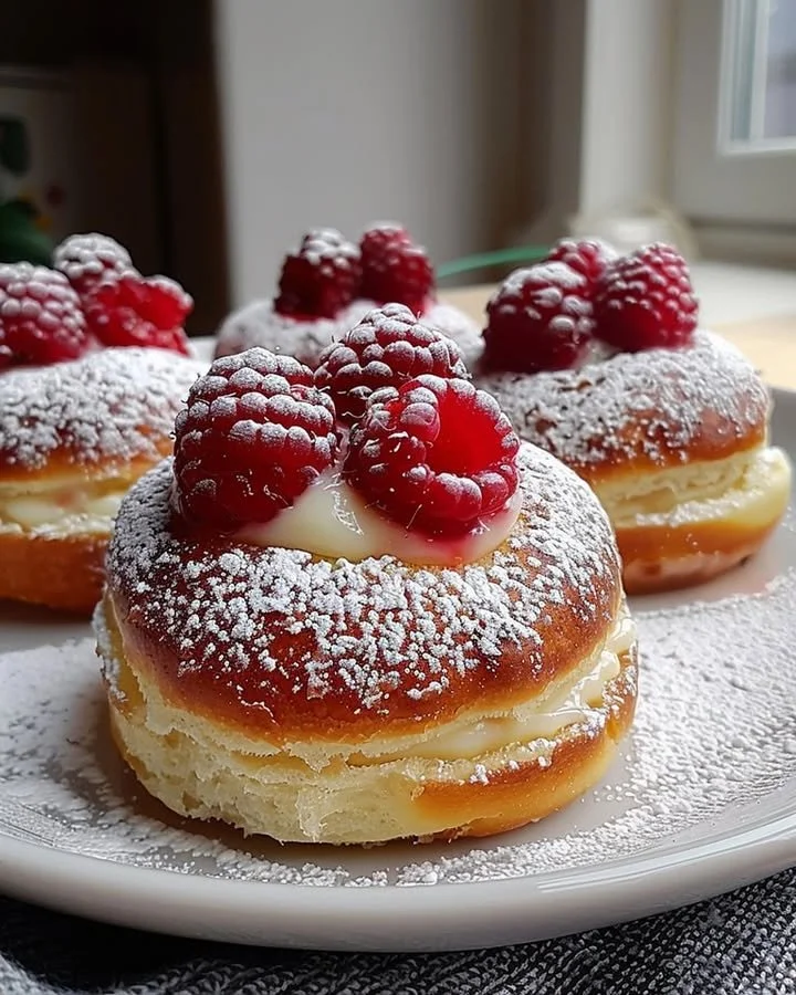Freshly baked raspberry custard buns topped with powdered sugar