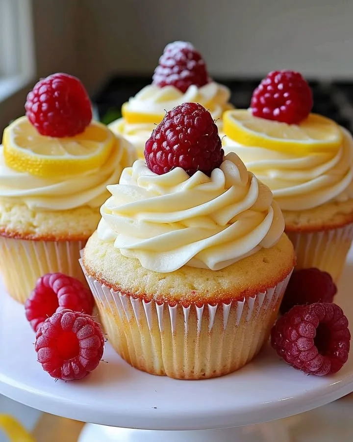Delicious Raspberry Lemon Cupcakes topped with fresh raspberries and lemon zest