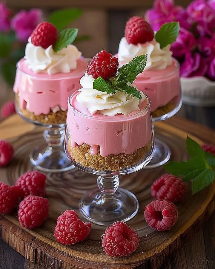 Delicious Raspberry Mousse Cheesecake topped with fresh raspberries
