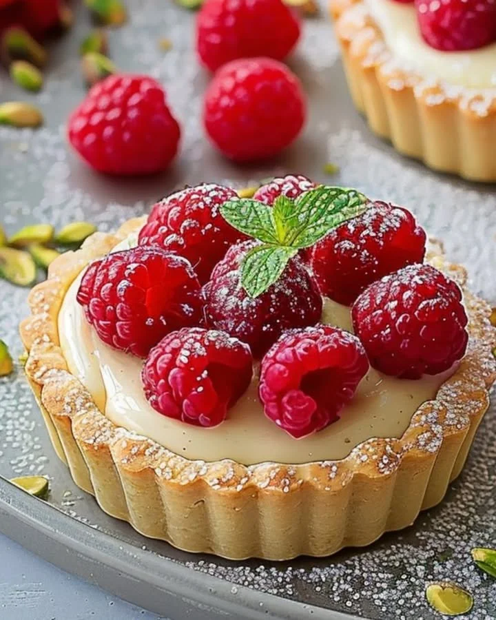 Delicious Raspberry Pistachio Cream Tarts with raspberry drizzle on top.
