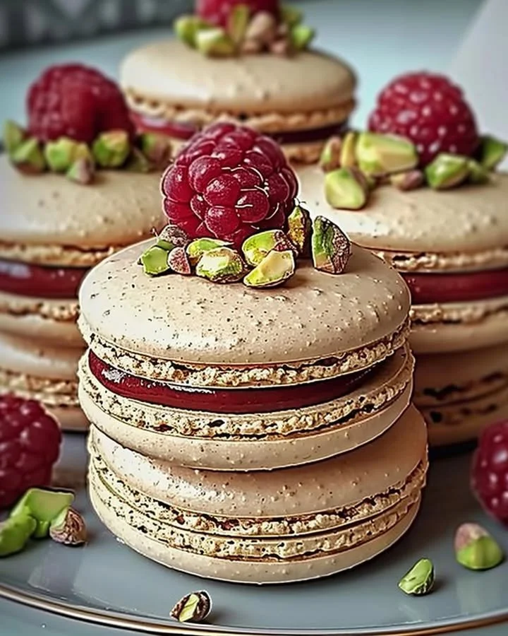 Raspberry Pistachio Macarons on a decorative plate