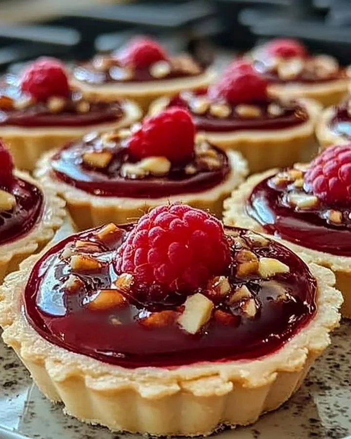 Delicious Raspberry Rhapsody tarts garnished with fresh raspberries and cream.
