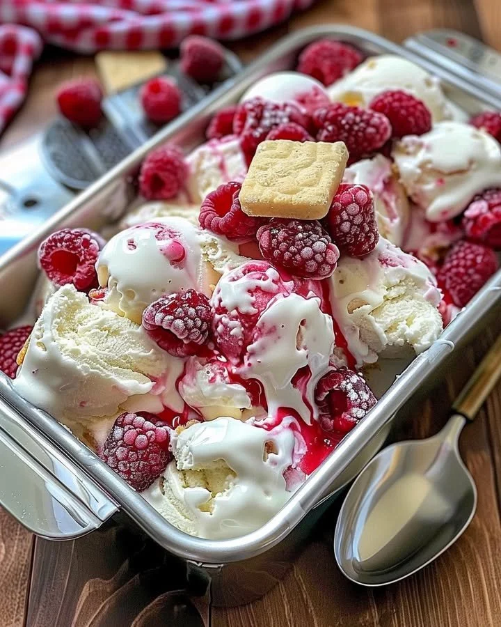Delicious Raspberry Shortcake Ice Cream topped with fresh raspberries