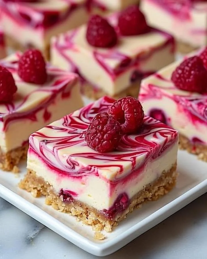 Raspberry Swirl Cheesecake Bars with a creamy texture and fruity topping
