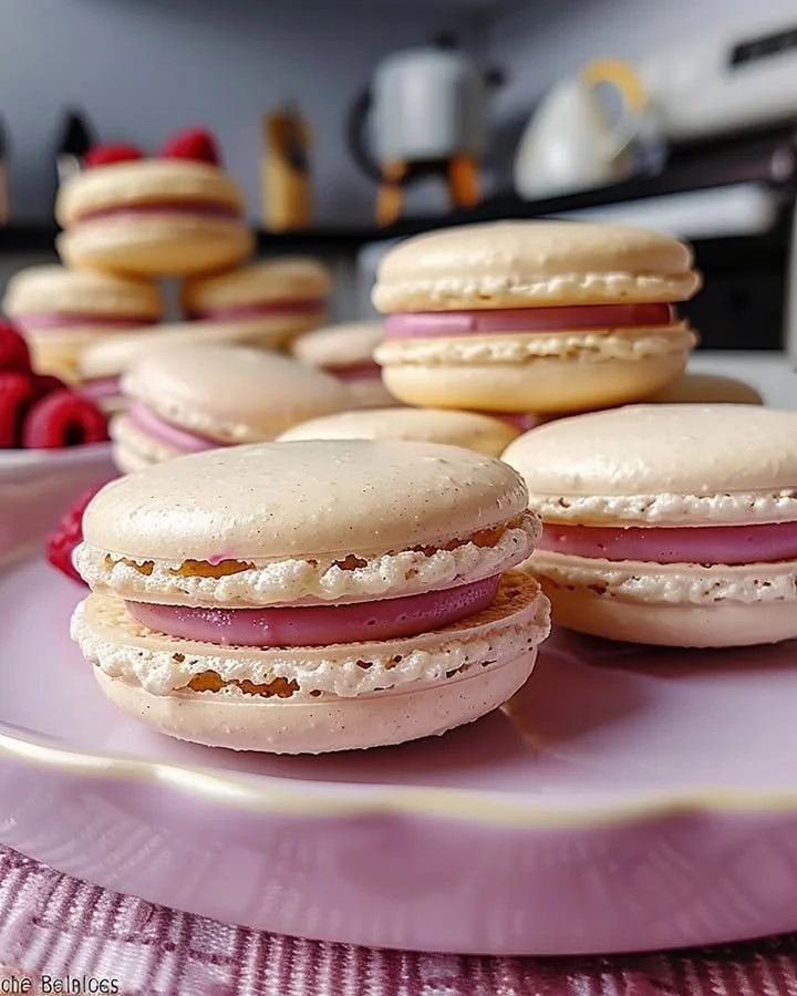 Raspberry White Chocolate Macarons on a white plate decorated with fresh raspberries.