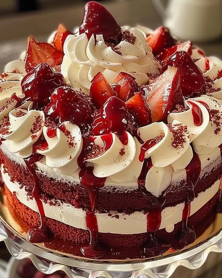 Delicious Red Velvet Cake with Cream Cheese Frosting on a white plate