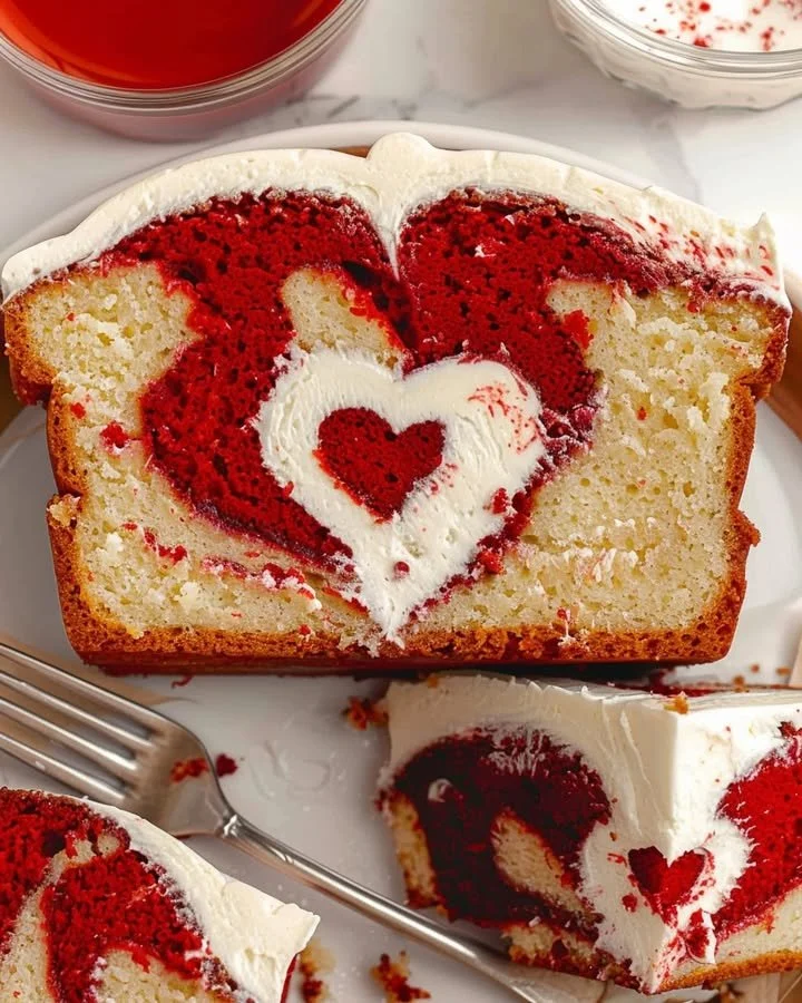 Delicious slice of Red Velvet Loaf Cake with cream cheese frosting
