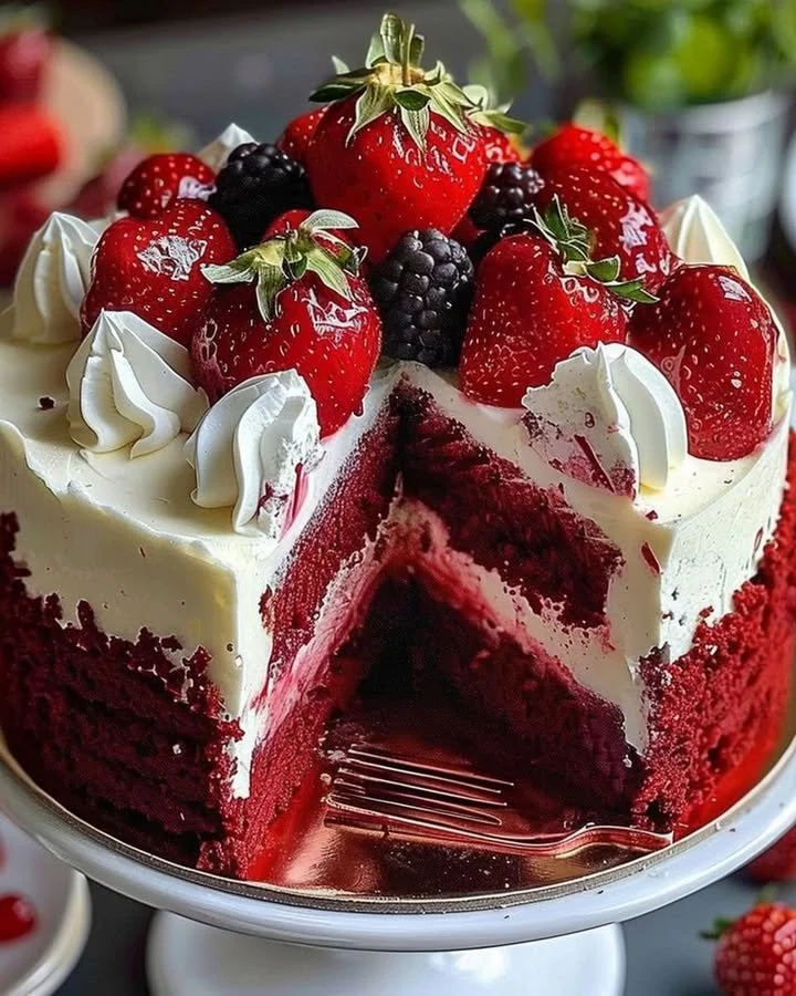 Delicious Red Velvet Strawberry Cheesecake slice garnished with fresh strawberries.