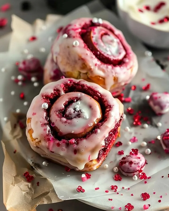 Red Velvet Valentine's Day Cinnamon Rolls topped with cream cheese icing