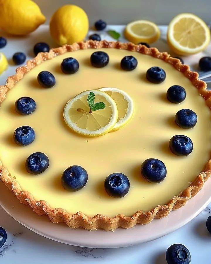 Refreshing no-bake lemon tart with coconut and Biscoff crust on a white plate