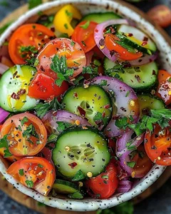 Colorful summer garden salad with fresh vegetables and herbs in a bowl.