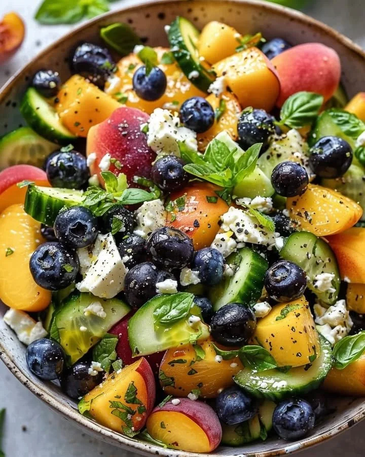 Refreshing summer medley with blueberries and peaches in a vibrant bowl.