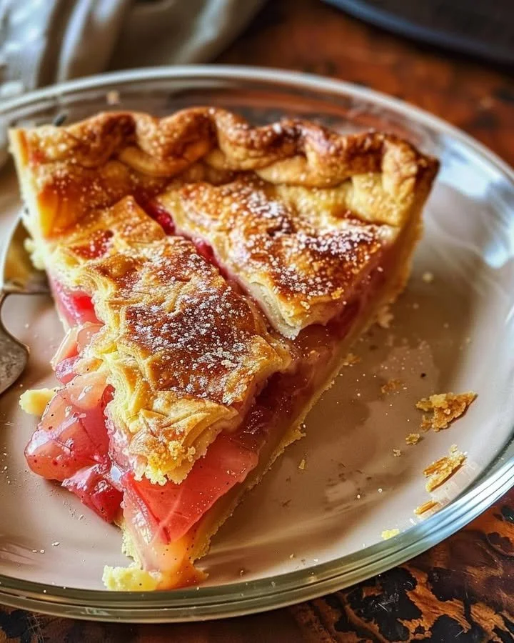 Delicious homemade rhubarb custard pie slice on a white plate