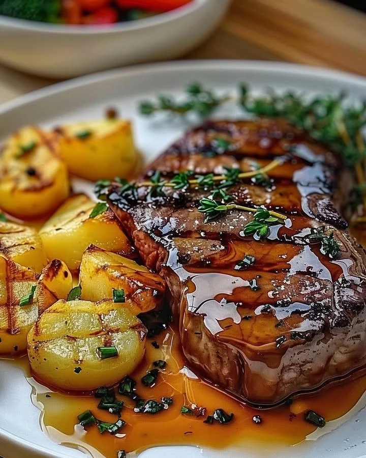 Ribeye steak served with cheesy scalloped potatoes on a plate