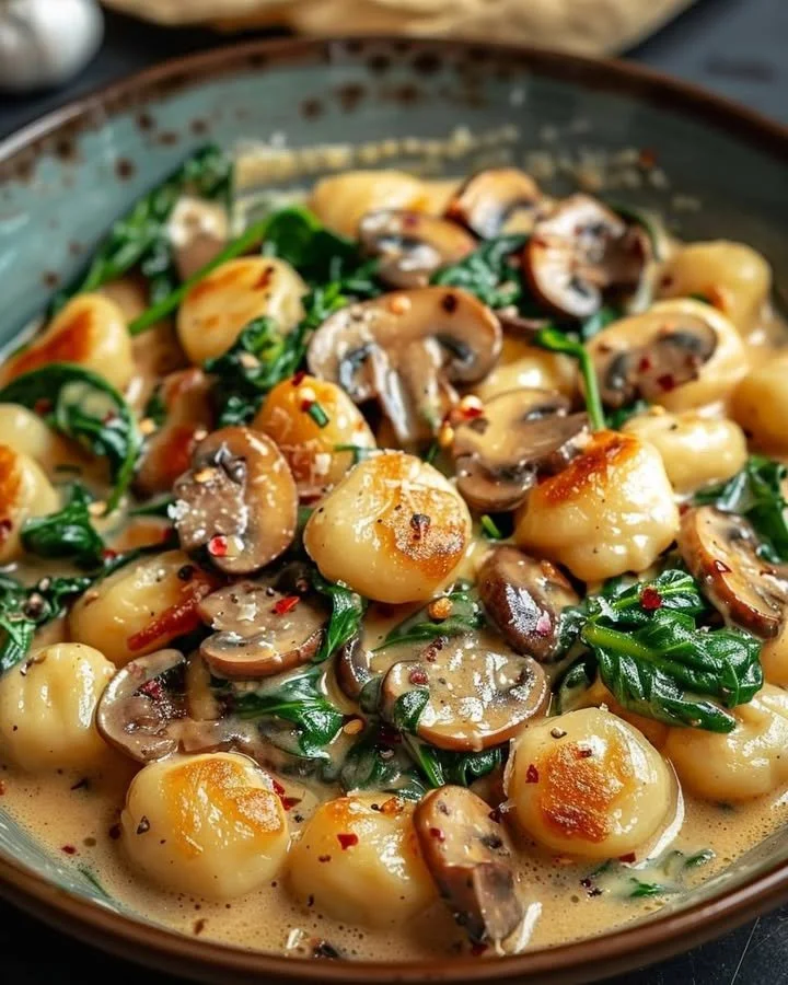 Creamy spinach mushroom gnocchi served in a bowl with fresh herbs