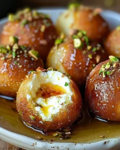 Ricotta Pistachio Honey Bites with honey drizzle and garnished with pistachios
