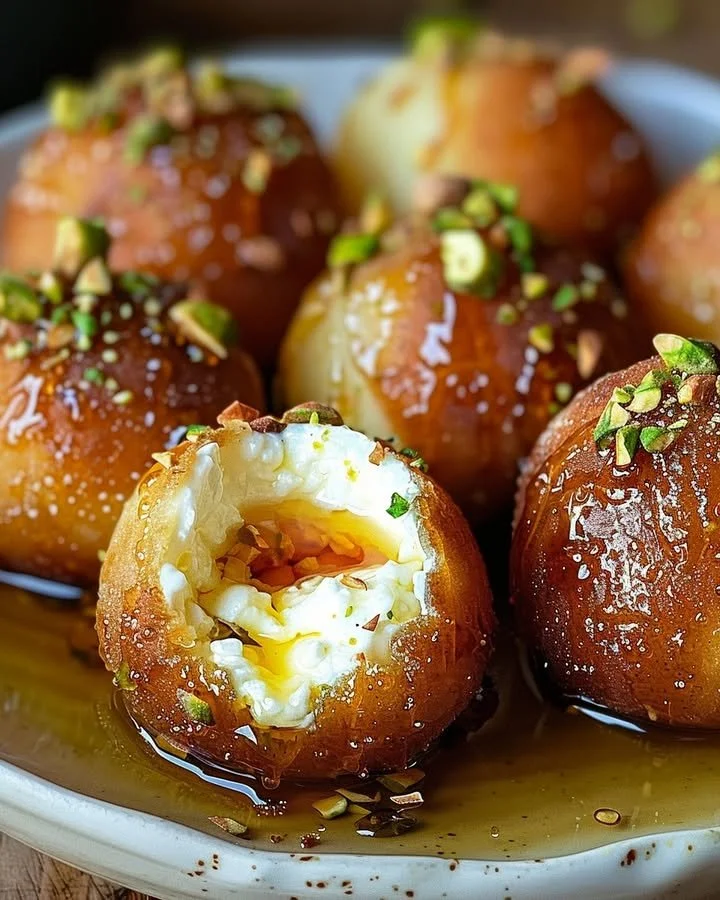 Ricotta Pistachio Honey Bites with honey drizzle and garnished with pistachios